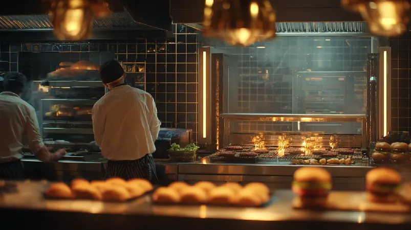 پشت‌صحنه زیبا و سینمایی از آماده‌سازی برگر در آشپزخانه کیوب برگر