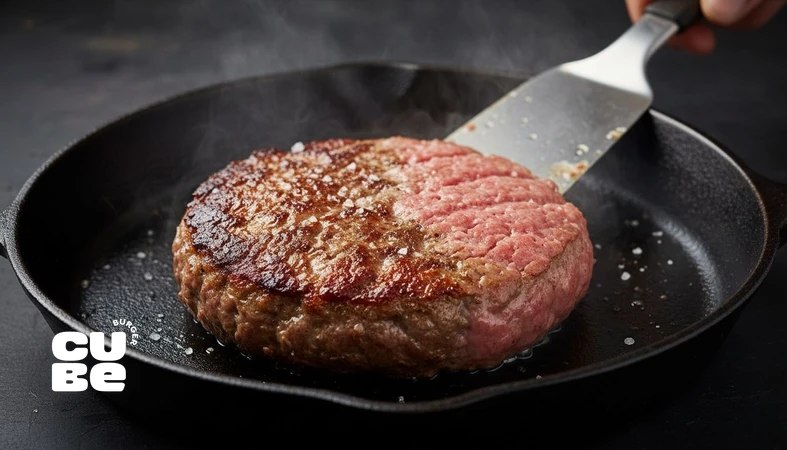 کلوزآپ پتی برگر روی تابه چدنی با مقایسه سطح برشته و سطح بی‌رنگ؛ تصویر آموزشی درباره خطاهای کوچک که پتی را بی‌مزه می‌کند