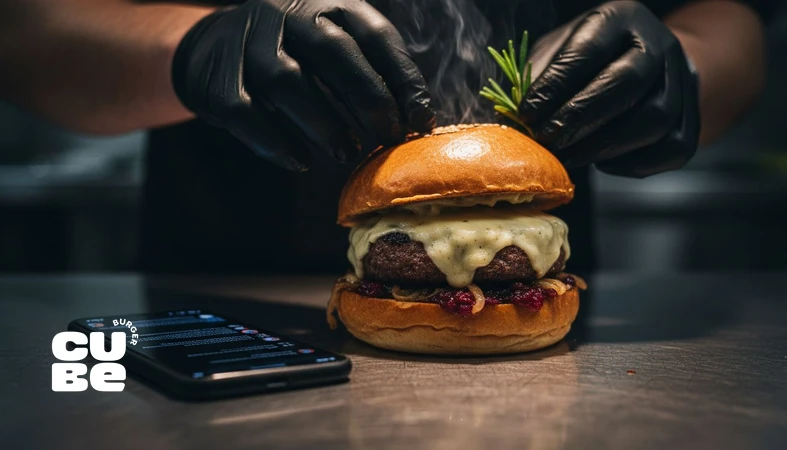 دست‌های سرآشپز در پشت‌صحنه کیوب برگر کنار برگر تازه؛ نماد تبدیل مشتریان فعال به صدای برند با تعامل و اعتماد