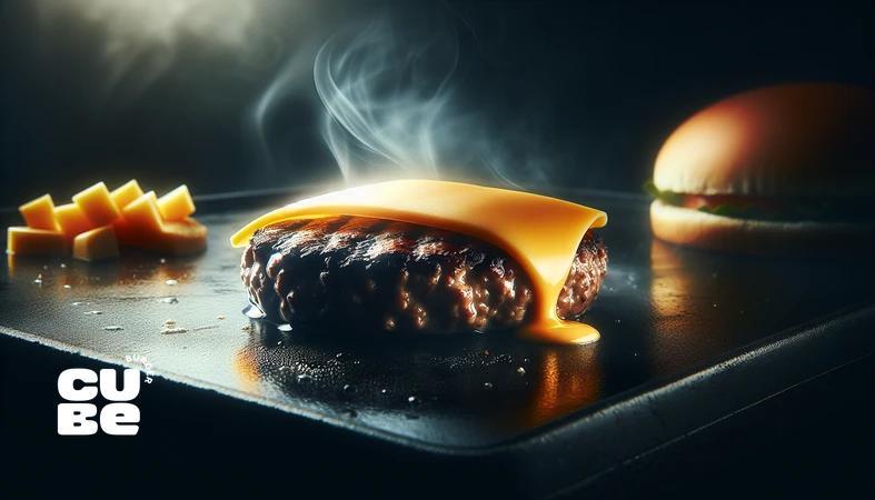close-up of American cheese melting evenly on a handcrafted burger patty, showcasing the best cheese for burgers with glossy texture