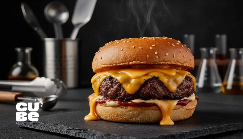 نمای نزدیک از برگر سبک فست‌فود آمریکایی با پتی برشته، پنیر ذوب‌شده و سس؛ اشاره به سرعت، حجم و طراحی طعم در برگر