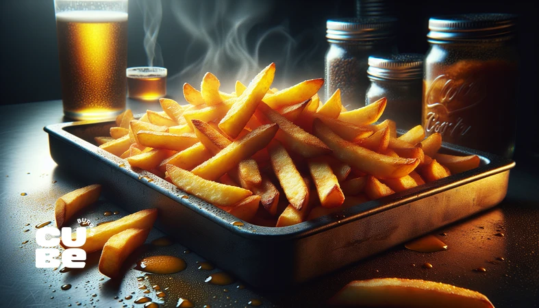 کلوزآپ فرایز آمریکایی ضخیم با پوسته طلایی ترد و مغز کرکی؛ تصویر آموزشی درباره اثر ضخامت و برش بر بافت نهایی سیب‌زمینی