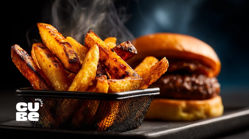 فرایز آمریکایی ضخیم و ترد با طعم آتش‌خورده در کنار برگر دست‌ساز، استاندارد طلایی تردی و طعم