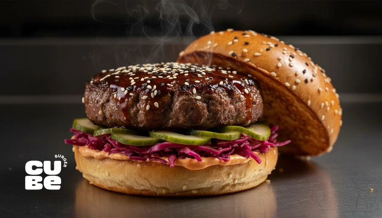 کلوزآپ برگر آسیایی با گلاز براق، ادویه و سس‌های اومامی و پخت گریل؛ تصویر مرتبط با مهندسی طعم و کنترل رطوبت در برگر