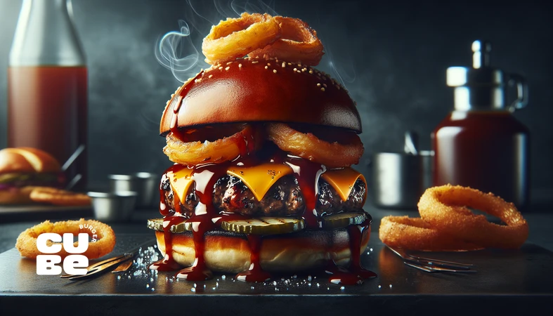 کلوزآپ بی‌بی‌کیو برگر گورمه با پتی گریل‌شده، سس باربیکیو دودی و پیاز سوخاری برای مقاله بی بی کیو برگر چیست