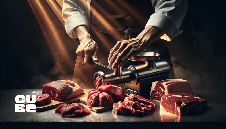 کلوزآپ ترکیب برش‌های گوشت برای پتی؛ نمایش بلِند گوشت برگر و نقش چربی در ساخت شخصیت پتی