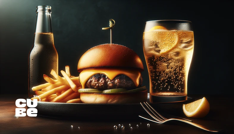 نوشیدنی گازدار و مرکباتی کنار برگر برای پاک‌کردن کام و جلوگیری از خستگی طعمی