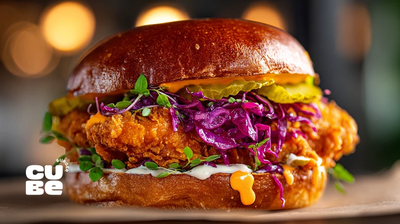 بهترین ساندویچ مرغ سوخاری با نان بریوش، سس مخصوص و بافت کرانچی ایده‌آل در کیوب برگر