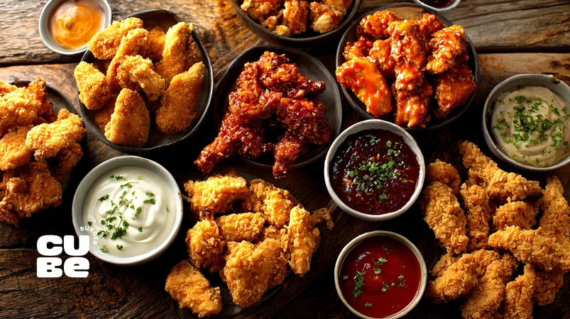 بشقاب مرغ سوخاری ترد با چند کاسه سس مختلف شامل سس مایونز، سس ماست، باربیکیو دودی و سس تند؛ معرفی بهترین سس‌های مرغ سوخاری برای تجربه طعمی امضایی