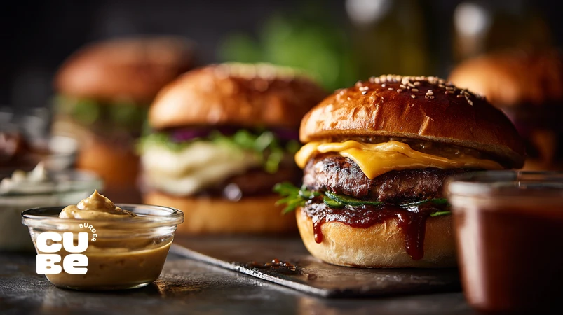 کلوزآپ سس‌های دست‌ساز برگر کنار یک برگر گورمه با بافت طبیعی و طعم تازه برای مقاله بهترین سس‌های خانگی برگر