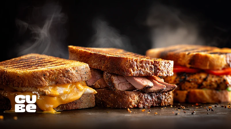 کلوزاپ ساندویچ‌های گرم حرفه‌ای شامل گریل‌چیز، استیک‌ساندویچ و مرغ گریل‌شده با نان تُست طلایی و پنیر ذوب‌شده روی گریل