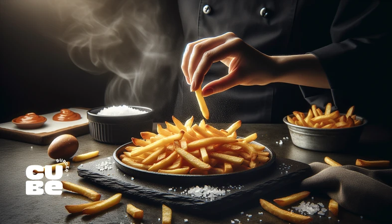 کلوزآپ فرایز طلایی و ترد برای توضیح انتخاب بهترین سیب‌زمینی بر اساس نشاسته و رطوبت