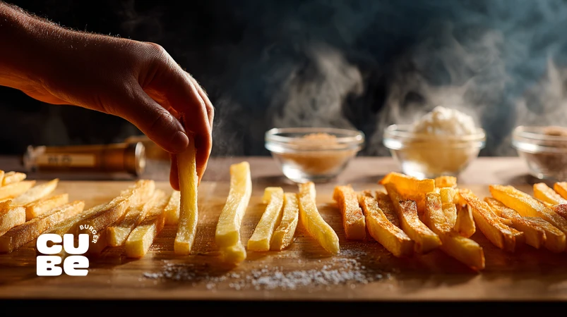 انواع سیب‌زمینی مناسب فرایز و خلال‌های سیب‌زمینی سرخ‌کرده ترد و طلایی در آشپزخانه حرفه‌ای برای همراهی با برگر دست‌ساز