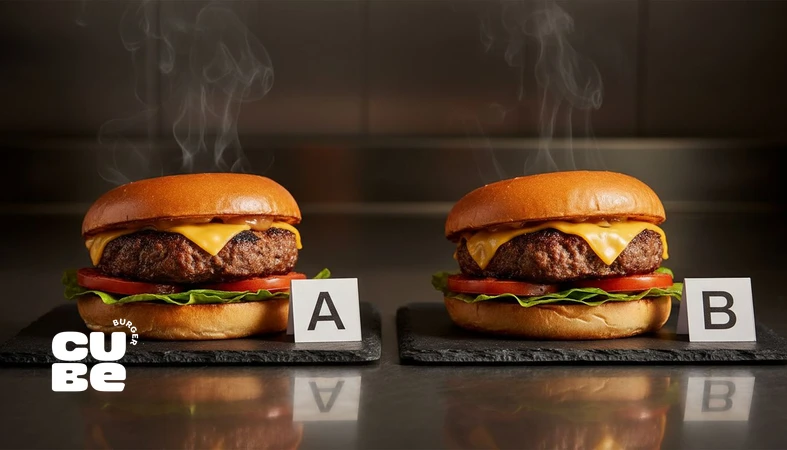 چیدمان آزمون کور طعم برگر با تمرکز بر آروما، بوی رترو‌نازال و پس‌مزه برای ارزیابی بی‌طرفانه