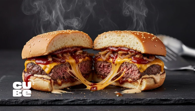 کلوزآپ برگر با پوسته مایلارد و پنیر ذوب‌شده برای نمایش مغز و جذابیت غذا، نقش بو، رنگ و بافت در روانشناسی اشتها