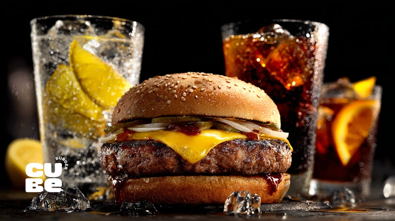 هماهنگی طعمی برگر گورمه با نوشیدنی‌های غیرالکلی مختلف؛ سودا لیمویی، چای سرد و نوشیدنی مالت برای بهترین pairing برگر