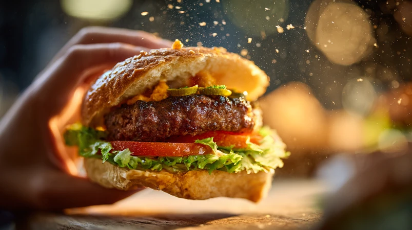 close-up of a juicy burger bite showing bun, patty, toppings and sauces to illustrate burger bite texture and the science of the first bite sound