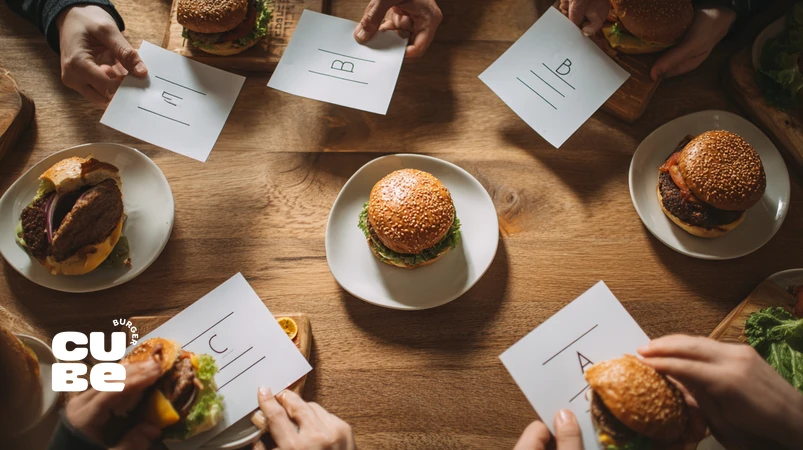 blind taste test of different burgers on a table with coded labels and scoring sheets برای بررسی علمی طعم، بو و بافت برگر