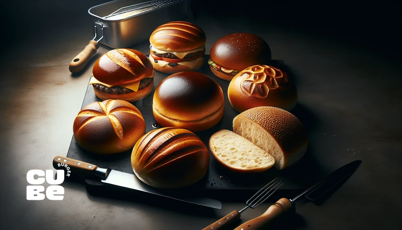 مقایسه نان‌های برگر از بریوش تا سافت‌بن با نمایش بافت، تخلخل و سطح توست‌شده برای تحلیل عملکرد نان در طعم و ساختار برگر