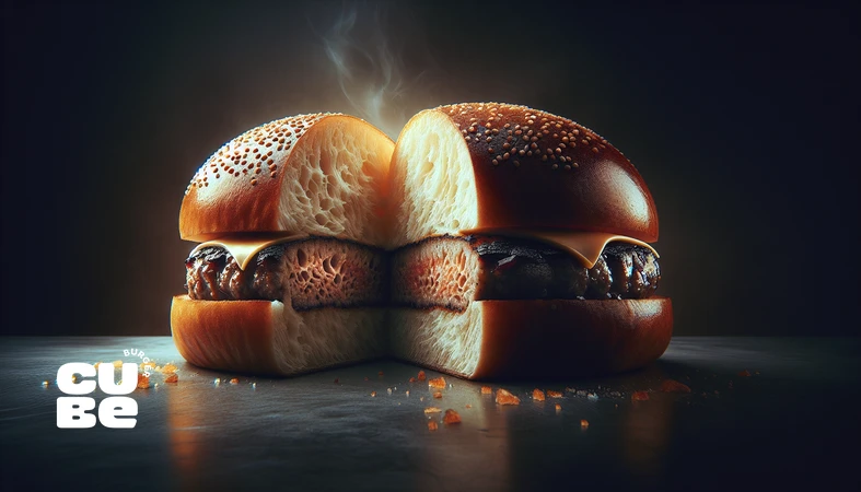 کلوزآپ نان برگر حرفهای برشخورده با بافت داخلی و پوسته طلایی برشته شده برای بررسی ساختار و رطوبت نان برگر