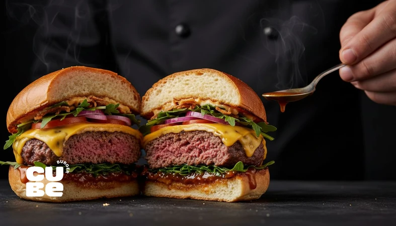 کلوزآپ برگر با لایه‌های پنیر و سس در فضای تیره؛ تصویر مرتبط با شخصیت غذایی، سلیقه غذایی و انتخاب برگر