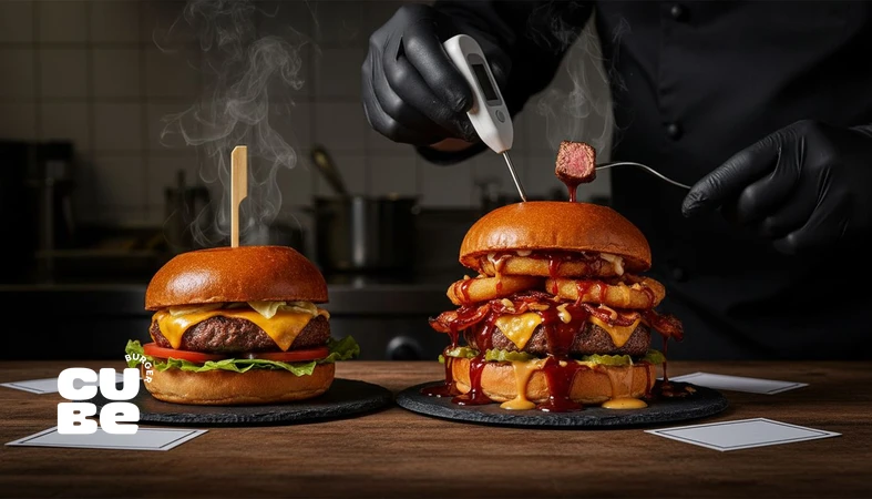 تصویر نزدیک از مسابقه برگر با تمرکز بر داوری طعم و تفاوت برگر استاندارد با برگر نمایشی در یک فضای آشپزخانه تاریک و حرفه‌ای