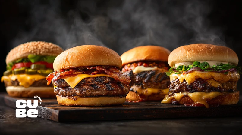 پروفایل طعمی برگر؛ مقایسه اسماش برگر، برگر زغالی، گریل‌شده، پنیرمحور و اسپایسی در یک تصویر حرفه‌ای