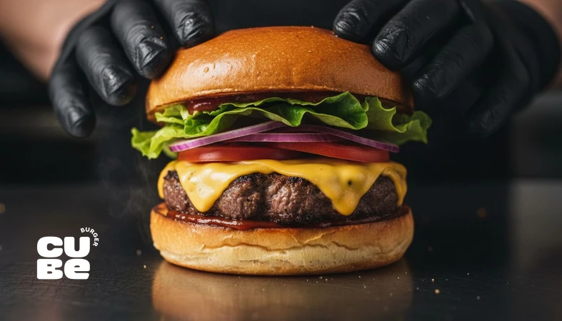 کلوزآپ لایه‌بندی اصولی برگر برای جلوگیری از لغزش، کنترل رطوبت و طراحی گاز اول با نان تست‌شده و پنیر ذوب‌شده