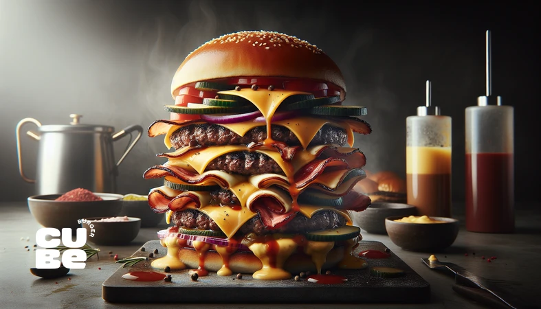 مقطع نزدیک از یک برگر چندلایه با ارتفاع و لایه‌بندی مهندسی‌شده، showing ساختار برگر، توزیع بافت و تعادل سس، نان و پتی برای توضیح معماری برگر