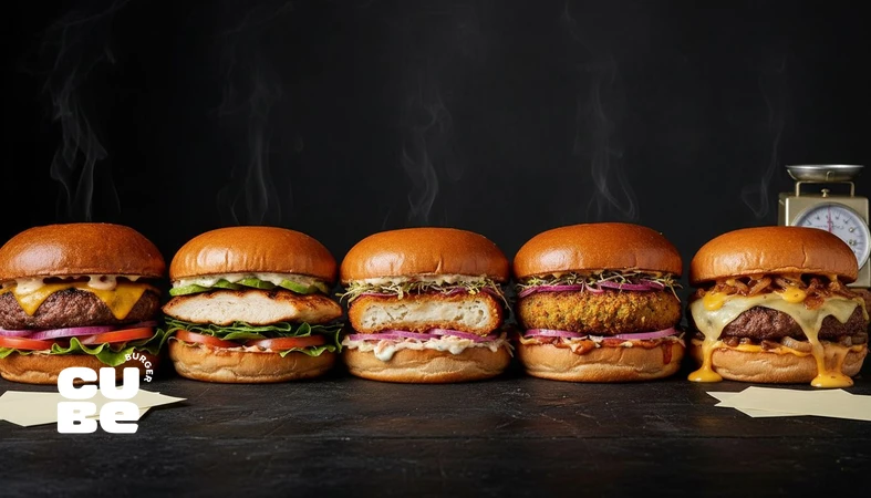 مقایسه ارزش غذایی انواع برگر از گوشت تا گیاهی با نمایش لایه‌ها برای انتخاب برگر سالم‌تر