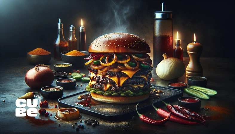 شخصیت‌شناسی بر اساس انتخاب برگر؛ مقایسه برگر کلاسیک، تند، گورمه، فیوژن و سبک سالم در یک تصویر غذامحور حرفه‌ای