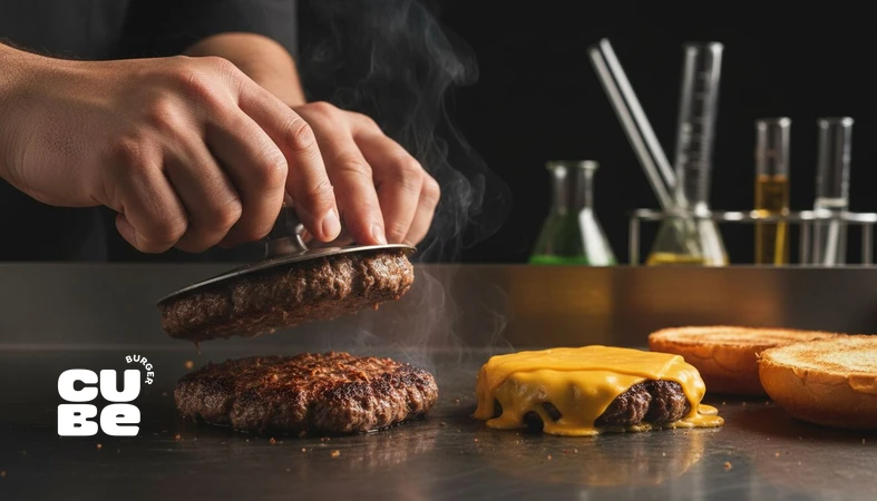 کلوزآپ دست سرآشپز در حال اسماش کردن پتی روی فلت‌تاپ با پوسته میلارد؛ تصویر مرتبط با اصطلاحات حرفه‌ای برگرسازی