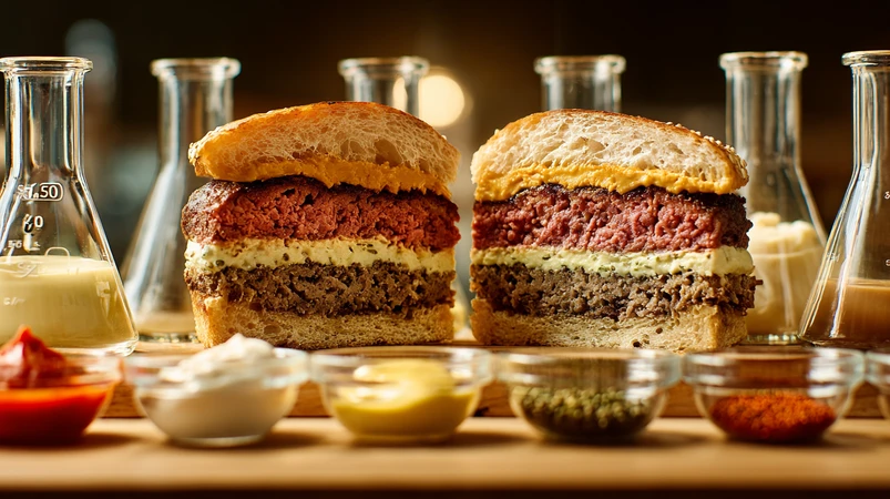 مهندسی سس در برگرسازی با نمایش برگر گورمه، پتی آبدار، نان بریوش و لایه‌های سس مایونز، خردل و باربیکیو در کنار ظرف‌های مواد اولیه سس