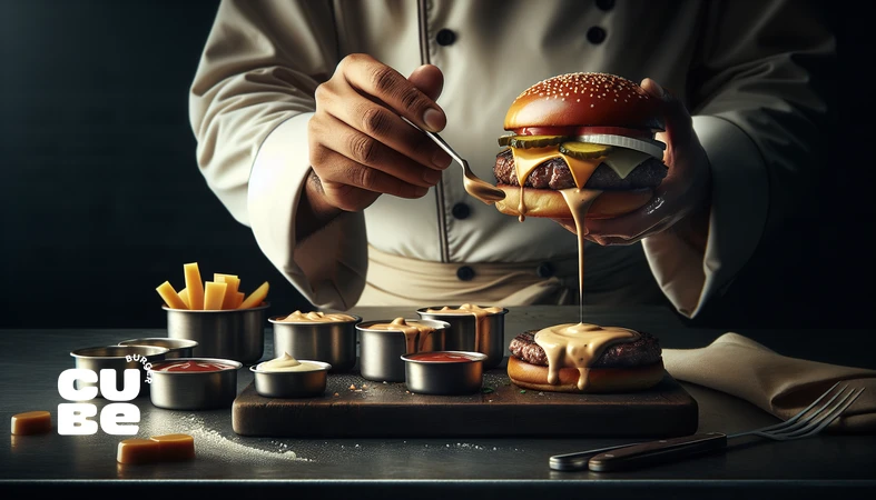 کلوزآپ حرفهای از برگر گورمه با سس برگر کرمی که روی پتی ریخته میشود، نشاندهنده معماری طعمی اسید، چربی و شیرینی در سس برگر حرفهای