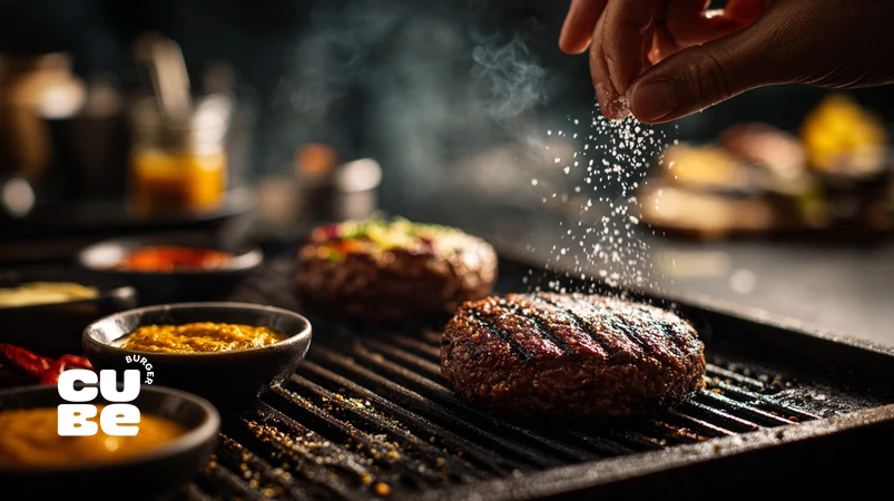 نمای نزدیک از پتی برگر روی گریل که نصف آن با نمک و فلفل درست طعم‌دهی شده و نصف دیگر با ادویه و سس زیاد پوشانده شده، برای نمایش اشتباهات طعم‌دهی برگر و عمق طعم برگر.