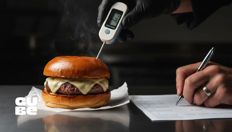صحنه امتیازدهی غذا و داوری برگر با فرم ارزیابی طعم، برگر گریل‌شده و اندازه‌گیری دما در فضای شبیه آزمایشگاه طعم