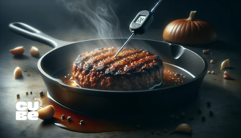 عیب‌یابی اشتباهات پخت برگر و دمای پخت پتی با ترمومتر؛ نمای نزدیک از پتی با کراست و بخار روی تابه چدنی