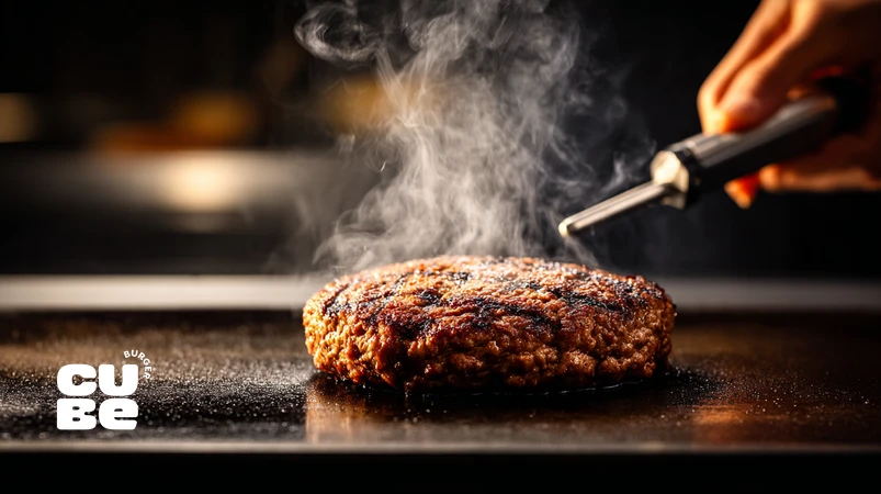 کلوزآپ تخصصی از پتی برگر روی گریل داغ با دماسنج گوشت برای نشان‌دادن کنترل حرارت و جلوگیری از خطاهای حرارتی در پخت برگر