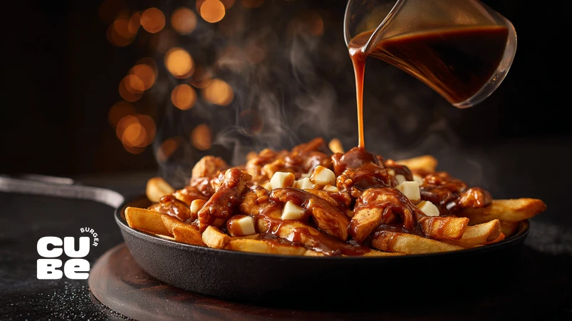 پوتین کانادایی با سیب‌زمینی ترد، چیکن‌کراود و سس گرم روی فرایز در سبک برگر بار حرفه‌ای