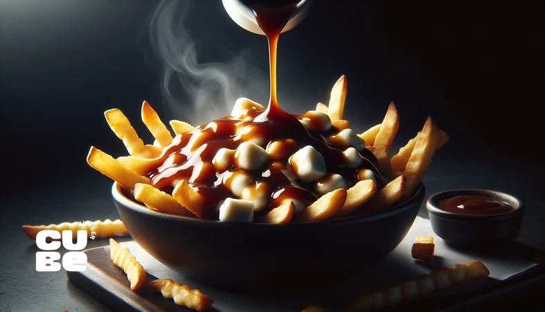 نمای نزدیک پوتین کانادایی با فرایز ترد، سس گریوی داغ و پنیر دانه‌ای؛ تمرکز روی تضاد بافتی و جلوگیری از خیس شدن فرایز