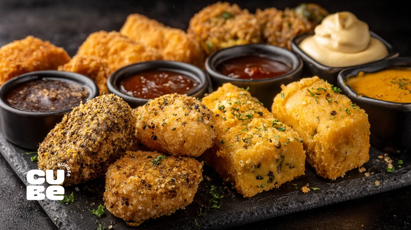 مجموعه‌ای از انواع ناگت مرغ شامل ناگت تمام‌گوشت، امولسیونی، پنیری و سبزیجات‌دار با پوشش سوخاری کرانچی و سس‌های مختلف برای راهنمای انواع ناگت مرغ