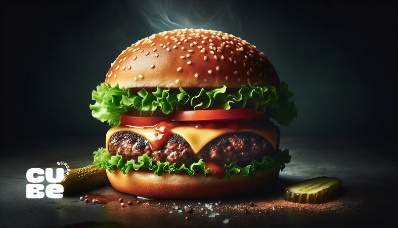 کلوزآپ برگر کلاسیک با پتی آبدار، نان کنجدی ساده، پنیر و گارنیش محدود به عنوان مدل مرجع برگر کلاسیک