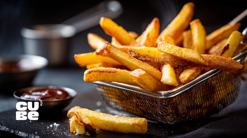 فرایز فرانسوی کلاسیک دوبار سرخ‌ شده با بافت کرانچی و مغز نرم کنار برگر، با رنگ طلایی و تردی استاندارد