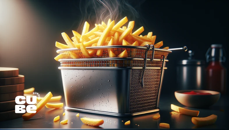 کلوزآپ فرایز فرانسوی کلاسیک با رنگ طلایی یکنواخت و بافت ترد؛ تصویر مناسب مقاله تعادل تردی، ظرافت برش و کنترل دما