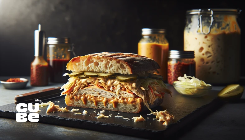 نمای نزدیک از ساندویچ سرد با لایه‌بندی کرمی و ترد؛ آموزش طعم‌سازی بدون حرارت با اسیدیته، نمک و چربی