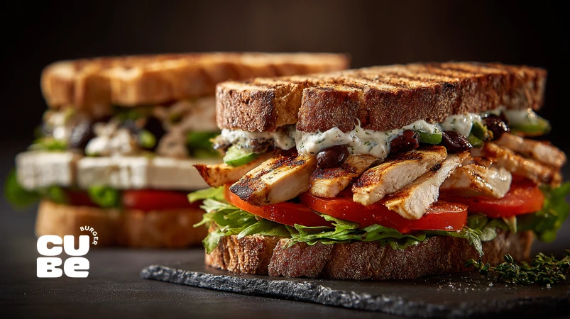 راهنمای ساندویچ سرد تازه و سبک با ترکیب‌های پروتئینی و مدیترانه‌ای، نان تست شده و سس ماست برای یک ساندویچ سبک و سالم