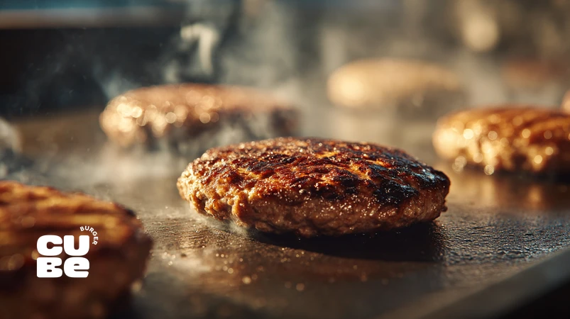 تصویر نزدیک از پخت پتی برگر روی گریل تخت با مقایسه اشتباهات رایج پخت پتی و یک پتی با پوسته طلایی و آبدار برای آموزش نکات حرفه‌ای پخت برگر