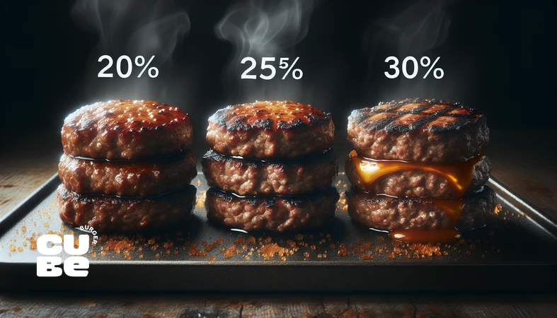 مقایسه بصری سه پتی برگر با چربی ۲۰٪، ۲۵٪ و ۳۰٪ روی گریل از نظر آبداری، چربی و کاراملی شدن سطح برای مقاله مقایسه چربی پتی برگر