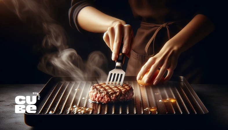 روش صحیح اسمش‌کردن پتی برگر روی فلت‌تاپ داغ با ایجاد کراست ترد و کاراملی برای اسمش‌برگر حرفه‌ای