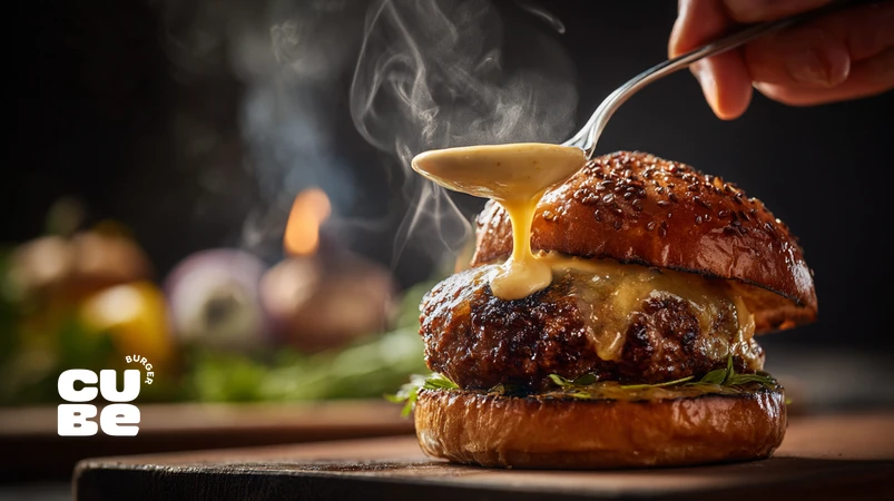 کلوزآپ سس خامه‌ای غلیظ روی برگر گورمه با بافت مخملی و امولسیون پایدار برای سس خامه‌ای برگر